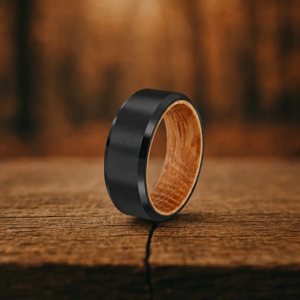 The Grove, an 8mm brushed black tungsten carbide band with a wood inlay, standing upright on a weathered oak plank