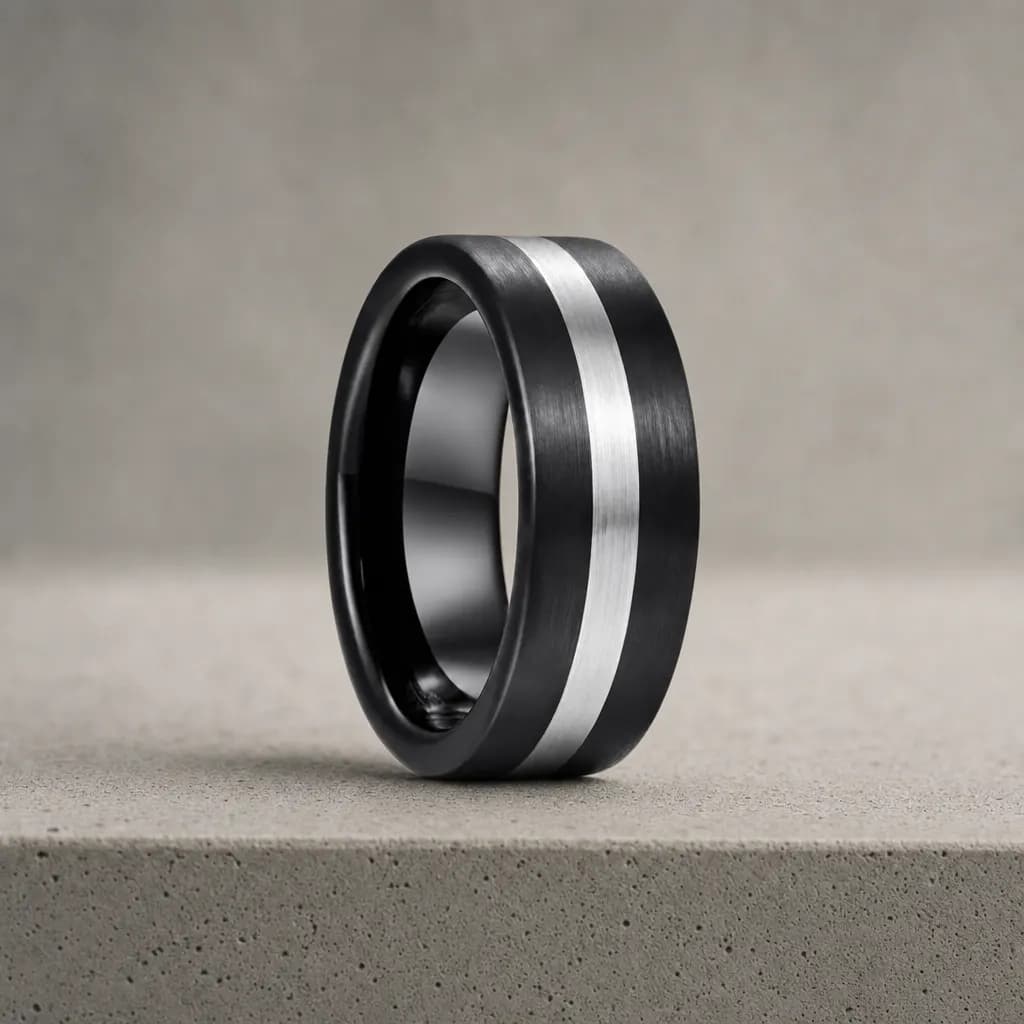 The Accord, an 8mm brushed tungsten carbide band in black and silver, standing upright on a poured concrete ledge