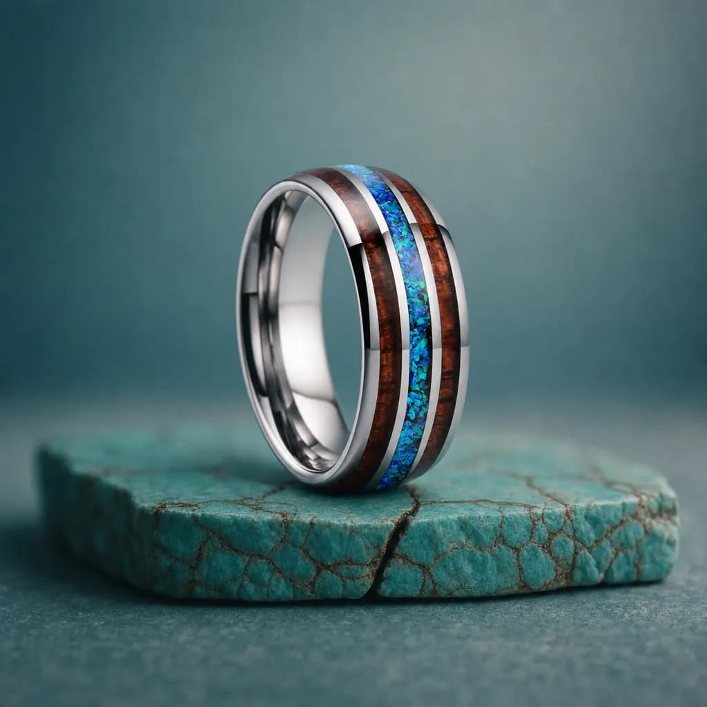 The Alder, an 8mm polished tungsten carbide band in silver, blue and green with an opal inlay, standing upright on a turquoise veined mineral slab