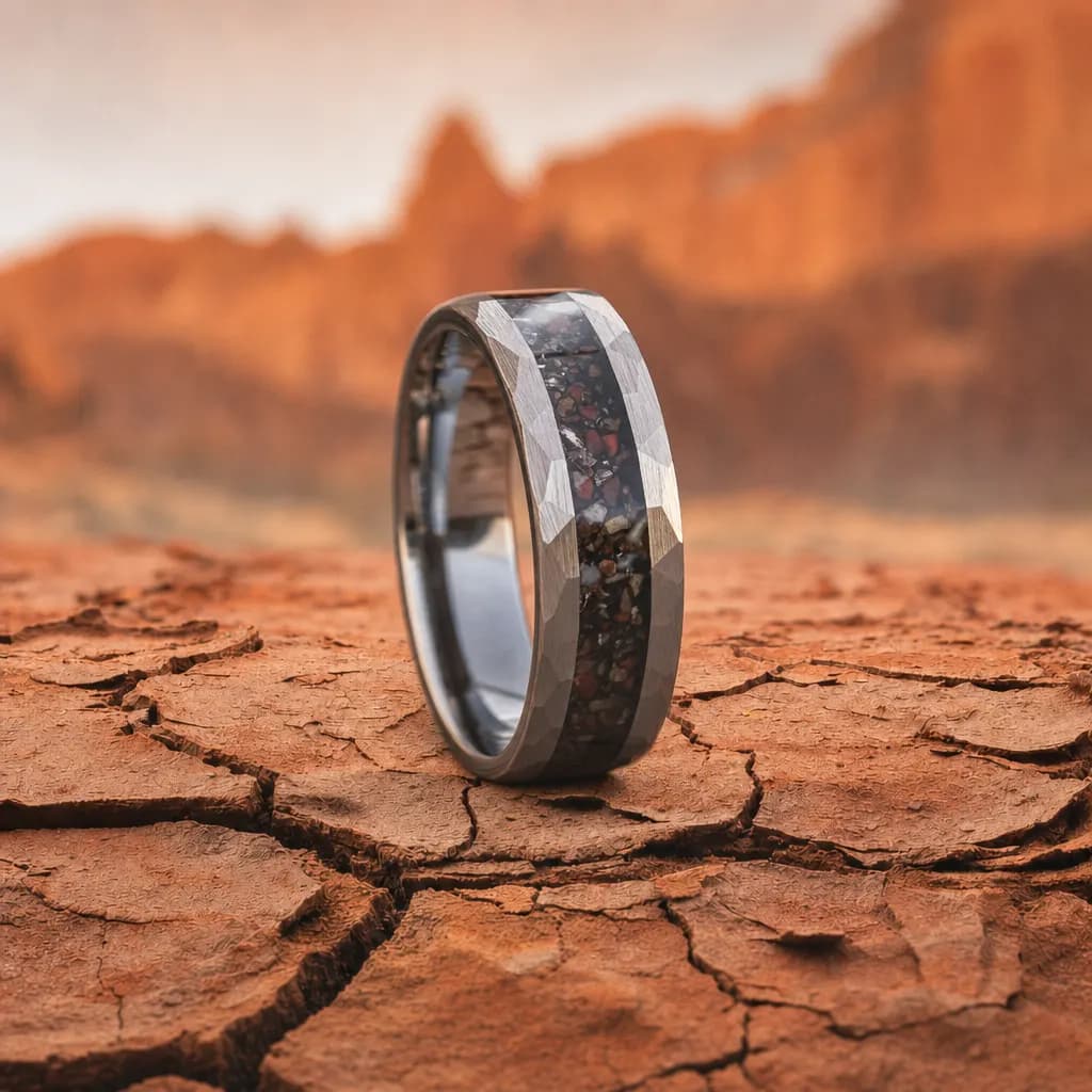 The Amber, an 8mm faceted tungsten carbide band in silver and black with a dinosaur bone inlay, standing upright on cracked red desert earth