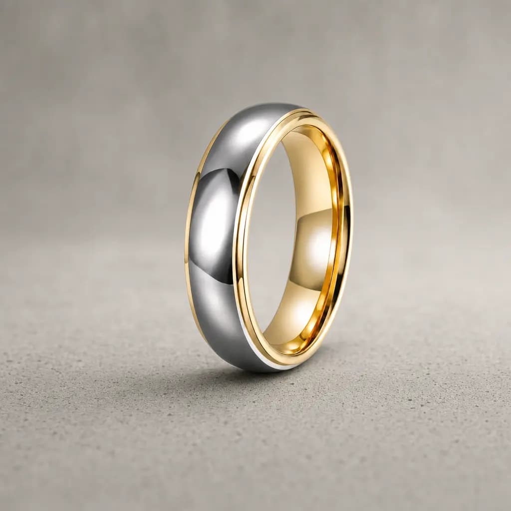 The Bond, a 6mm polished tungsten carbide band in silver and gold, standing upright on a poured concrete ledge