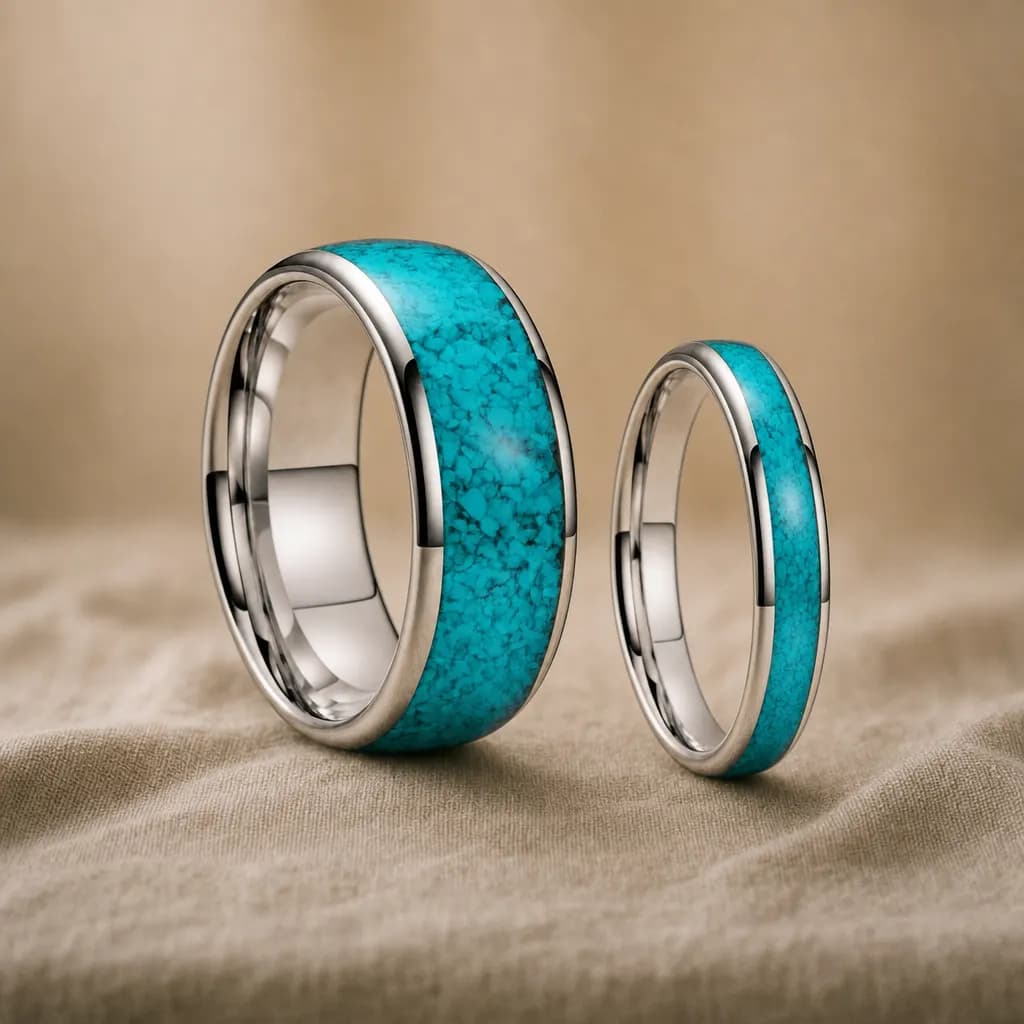 The Canyon Set, an 8mm and 4mm polished tungsten carbide band in silver, blue and green with a turquoise inlay, standing upright on rumpled natural linen
