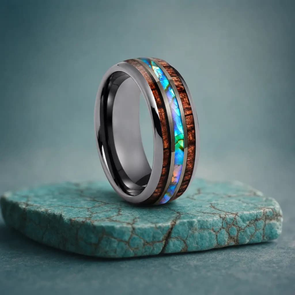 The Cedar, an 8mm polished tungsten carbide band in gunmetal, blue and green with an abalone shell inlay, standing upright on a turquoise veined mineral slab