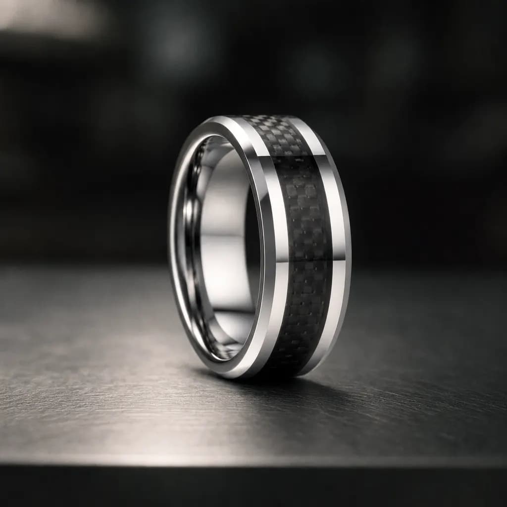 The Chicane, an 8mm polished tungsten carbide band in silver and black with a carbon fibre inlay, standing upright on a brushed steel workbench