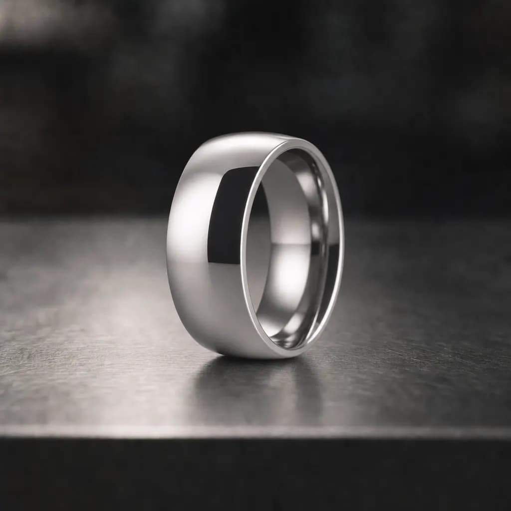 The Cirrus, an 8mm polished silver titanium band, standing upright on a brushed steel workbench