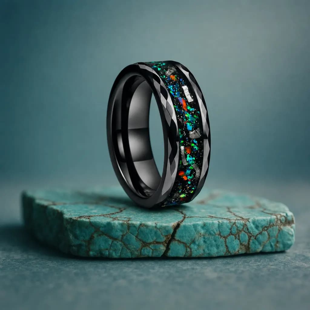 The Draco, an 8mm faceted tungsten carbide band in black, green, blue and silver with an opal inlay, standing upright on a turquoise veined mineral slab