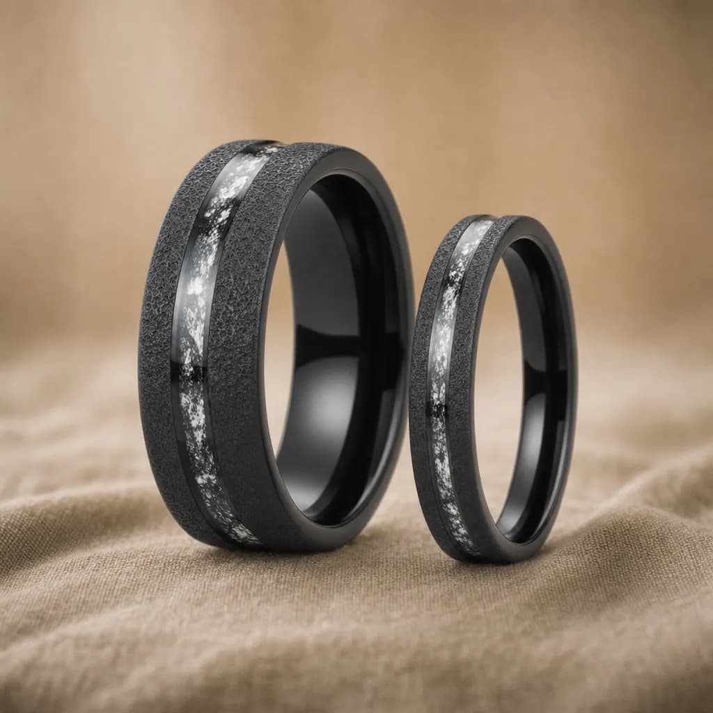 The Eclipse Set, an 8mm and 4mm matte black tungsten carbide band with a meteorite inlay, standing upright on rumpled natural linen