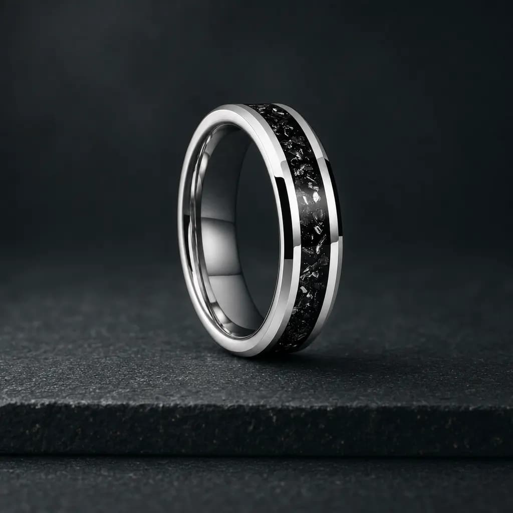 The Falcon, a 6mm polished titanium band in silver and black with a meteorite inlay, standing upright on a dark iron grey stone slab