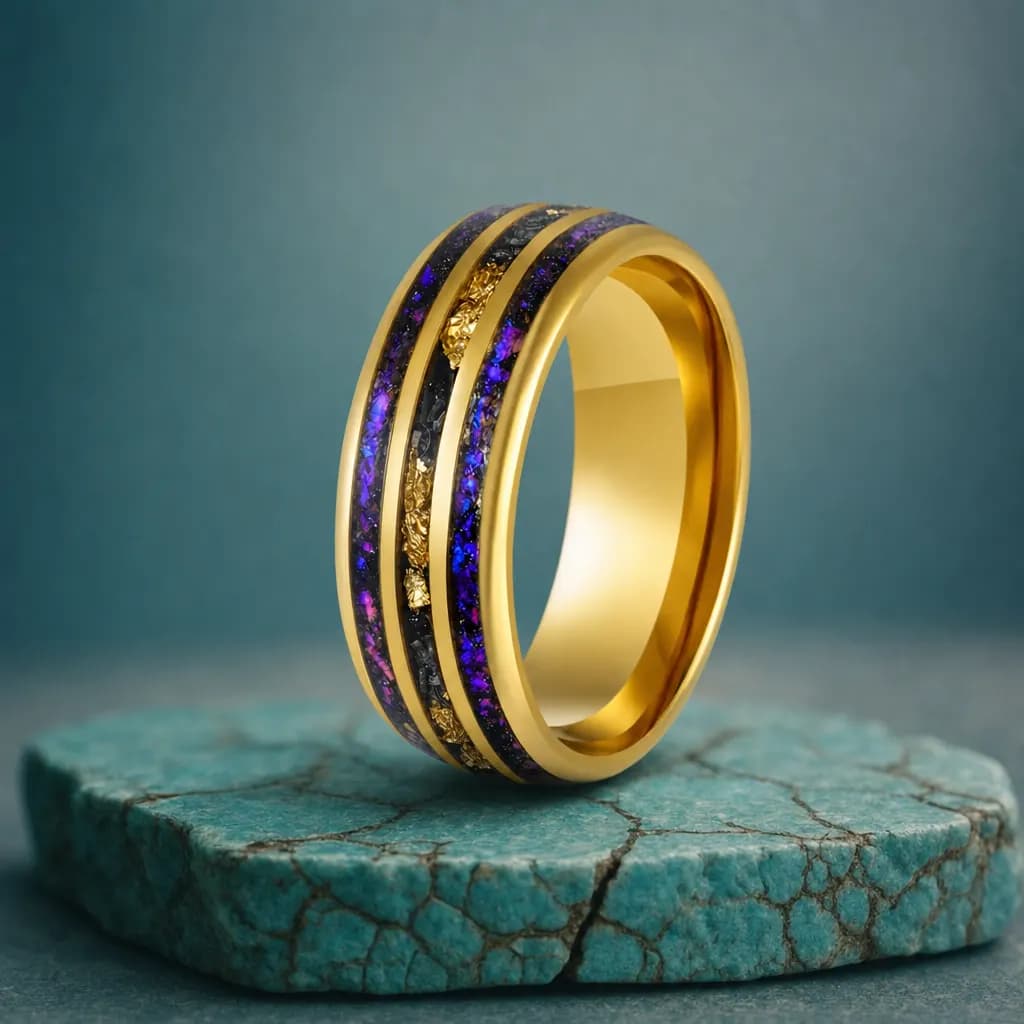 The Flare, an 8mm polished tungsten carbide band in gold, blue and black with an opal inlay, standing upright on a turquoise veined mineral slab