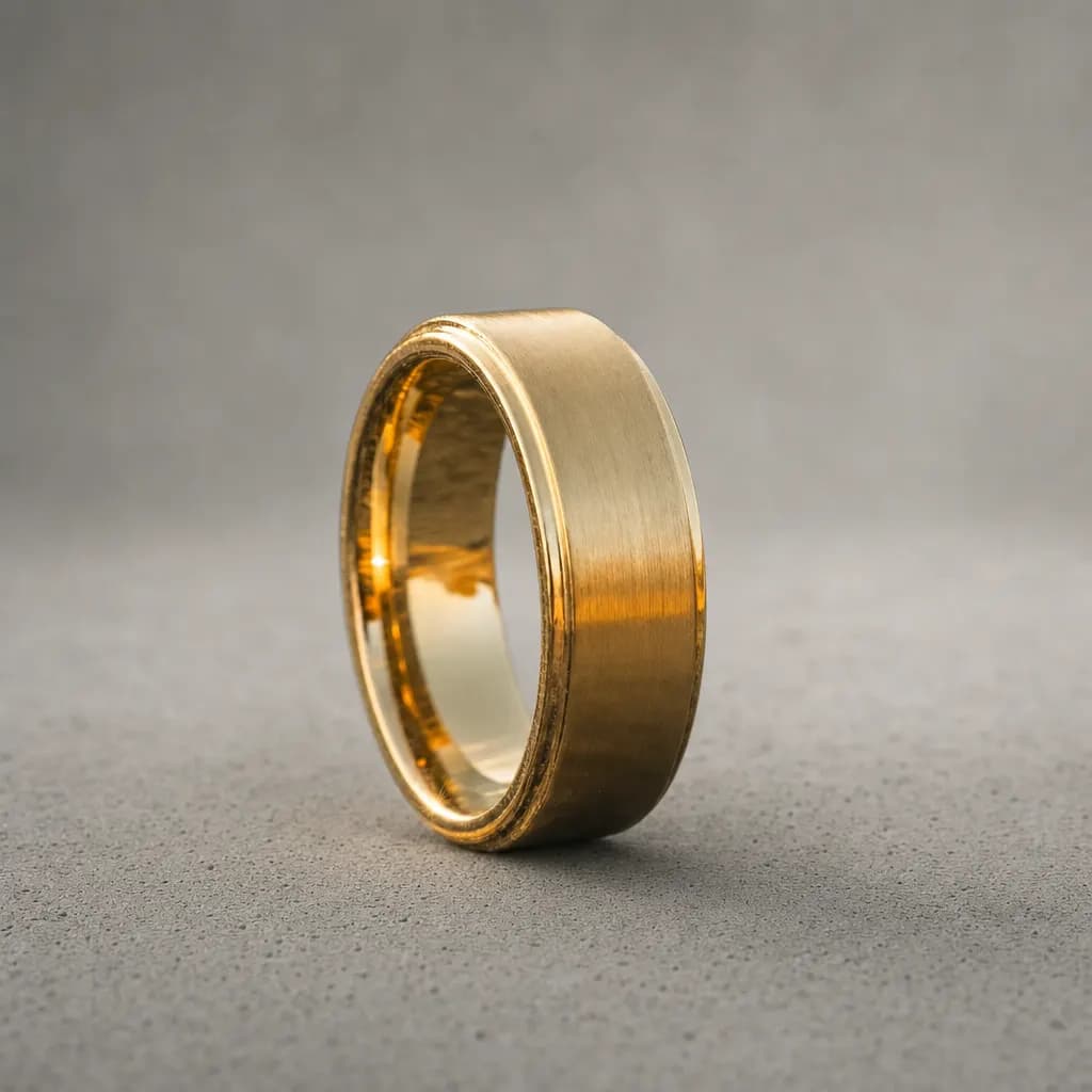 The Lumen, an 8mm brushed gold tungsten carbide band, standing upright on a poured concrete ledge