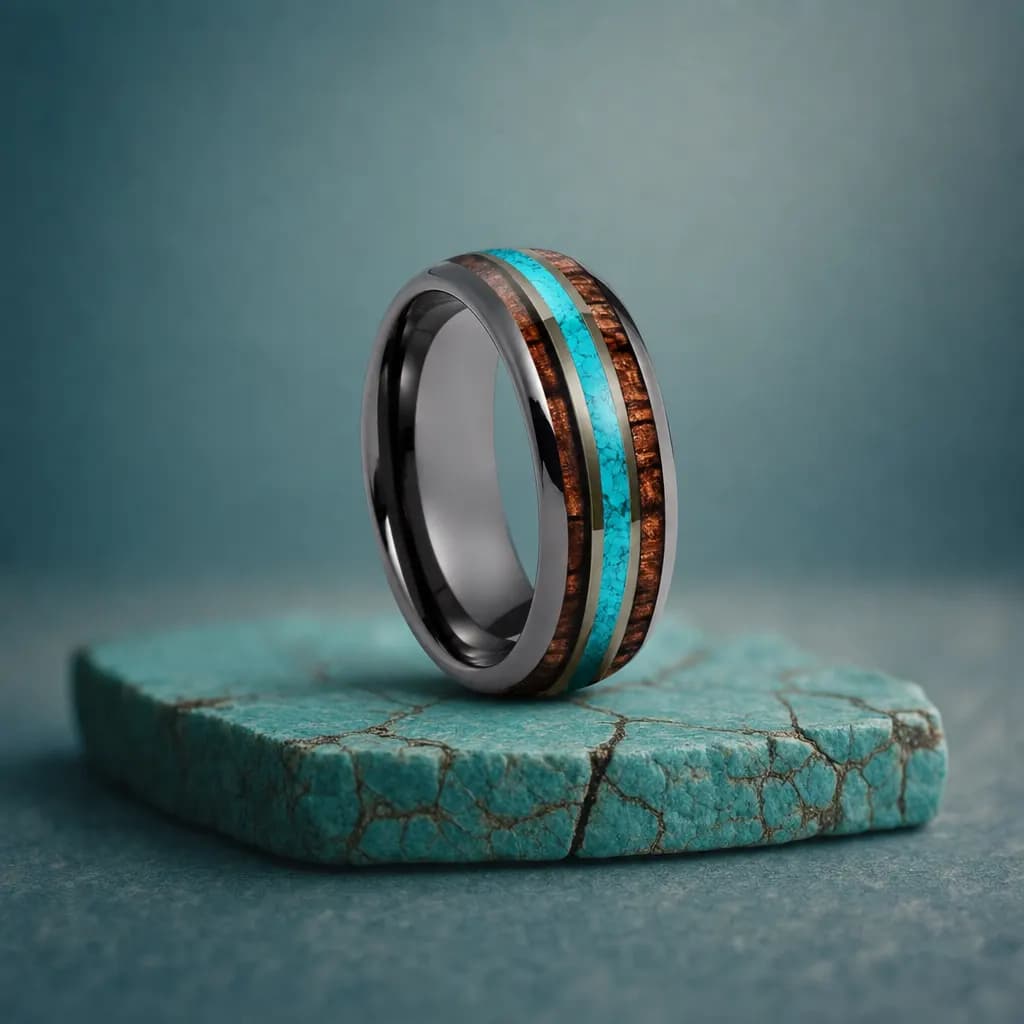 The Mesa, an 8mm polished tungsten carbide band in gunmetal and blue with a turquoise inlay, standing upright on a turquoise veined mineral slab