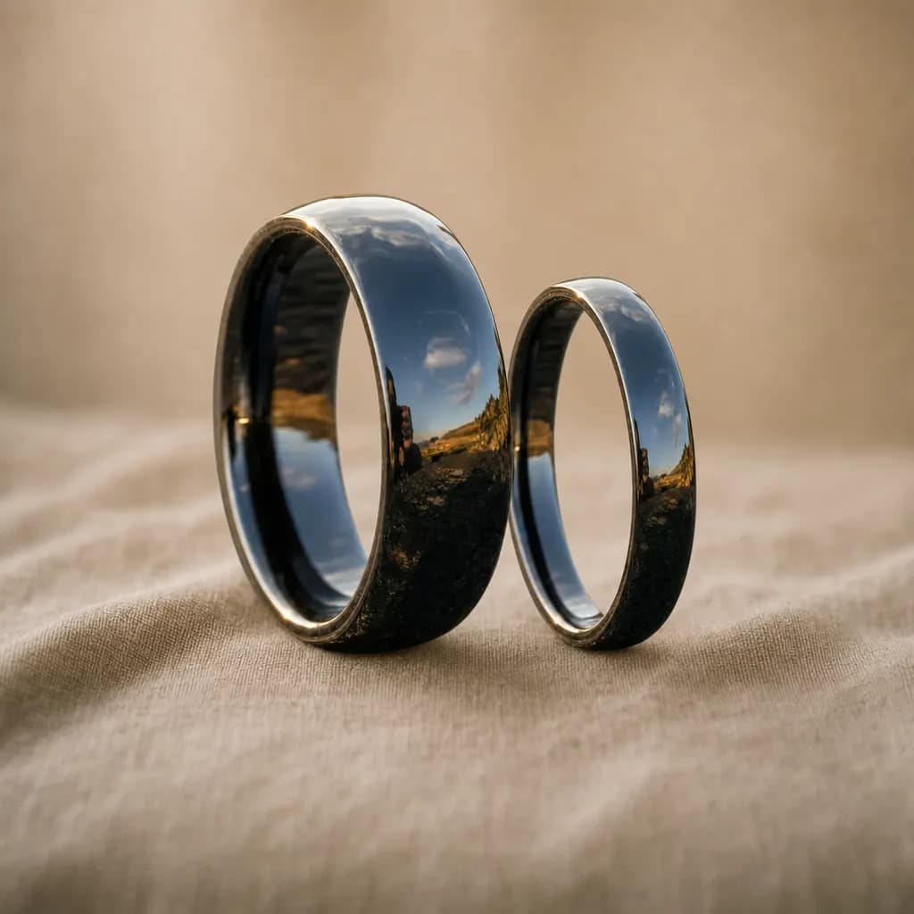 The Nova Set, an 8mm and 4mm polished black tungsten carbide band, standing upright on rumpled natural linen