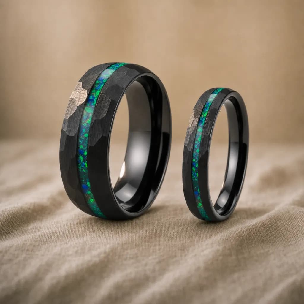 The Onyx Set, an 8mm and 4mm hammered black tungsten carbide band with an opal inlay, standing upright on rumpled natural linen