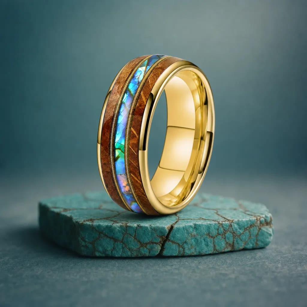 The Reef, an 8mm polished tungsten carbide band in gold, blue and green with an abalone shell inlay, standing upright on a turquoise veined mineral slab