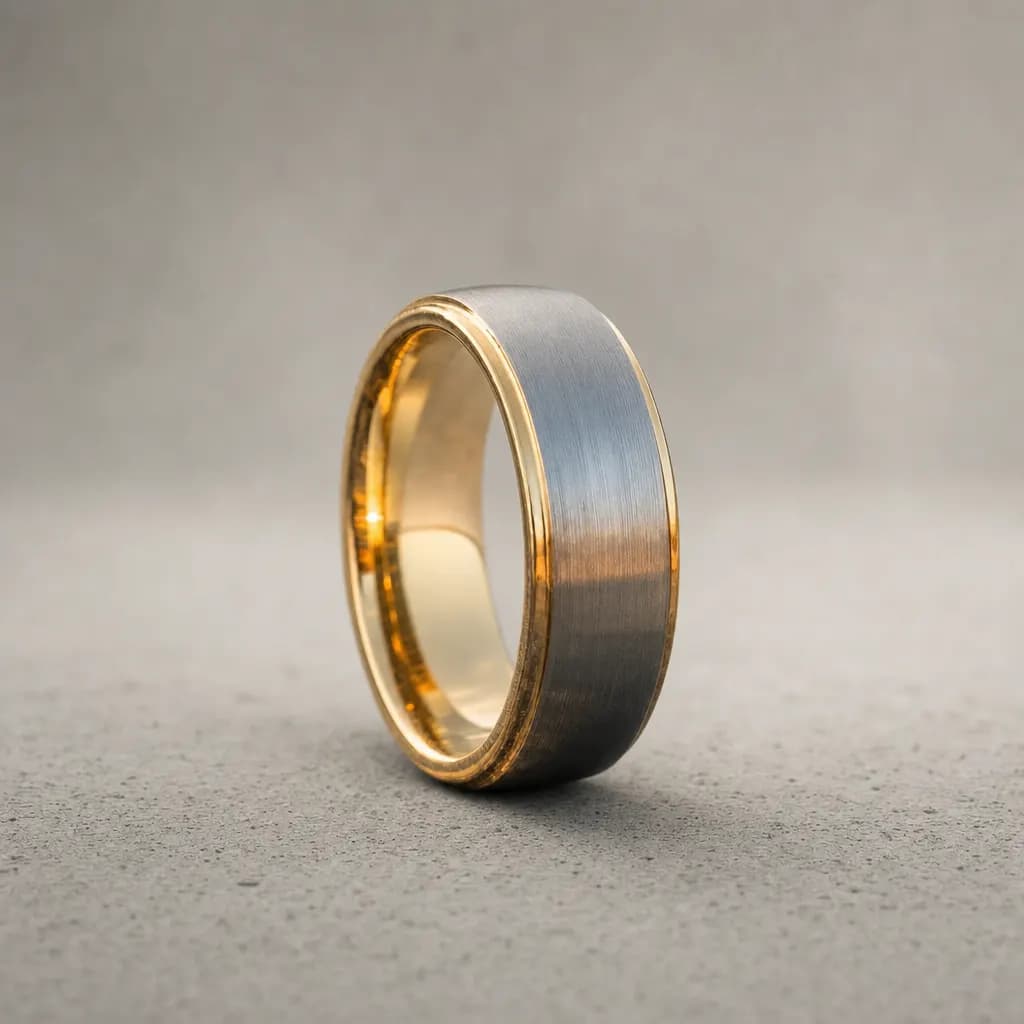 The Regent, an 8mm brushed tungsten carbide band in gold and silver, standing upright on a poured concrete ledge