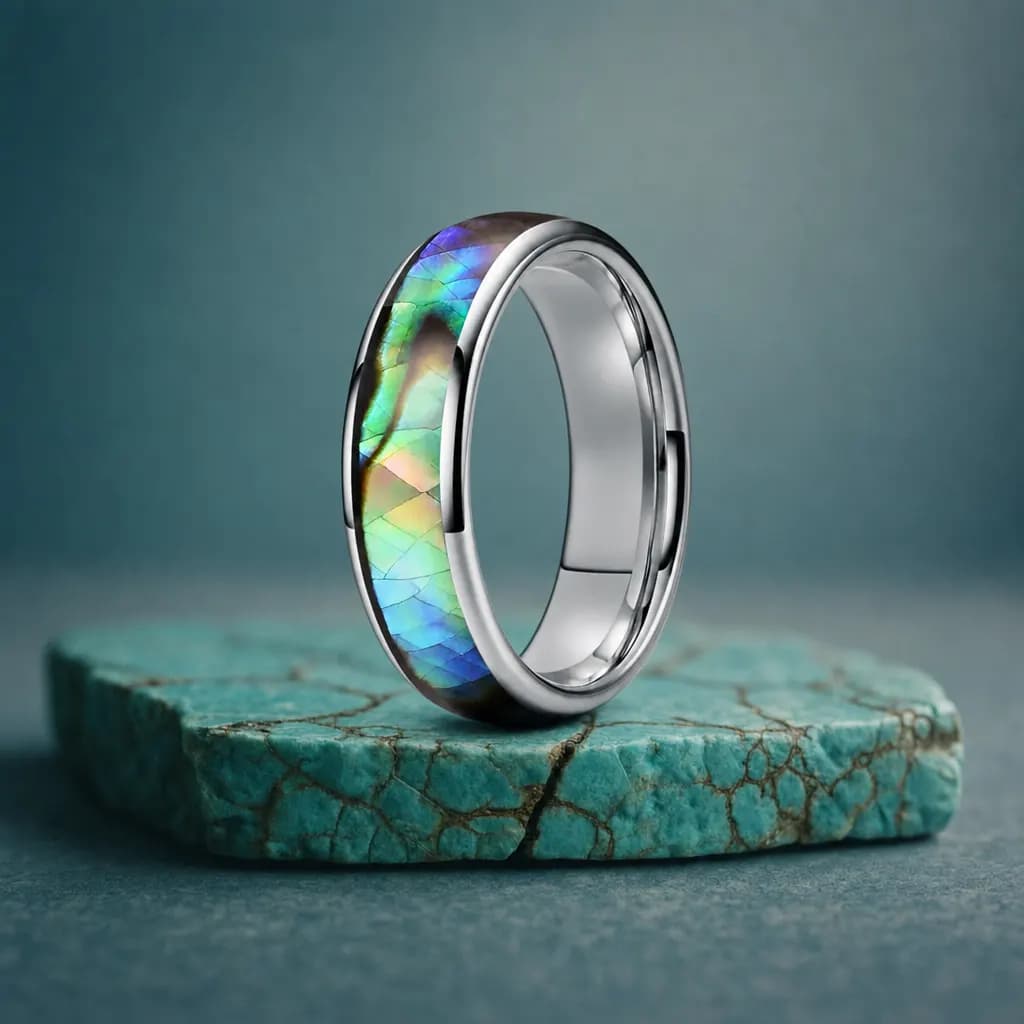 The Shoal, a 6mm polished tungsten carbide band in silver, blue and green with an abalone shell inlay, standing upright on a turquoise veined mineral slab
