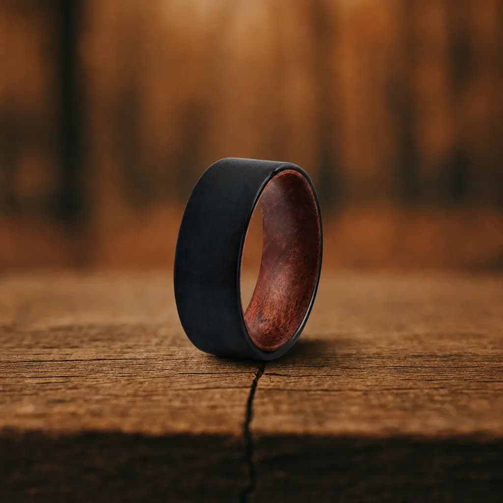 The Terra, an 8mm matte black tungsten carbide band with a wood inlay, standing upright in a studio shot
