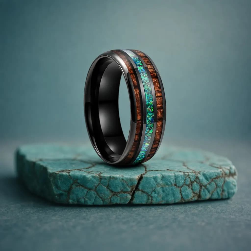 The Walnut, an 8mm polished tungsten carbide band in black, green and blue with an opal inlay, standing upright on a turquoise veined mineral slab