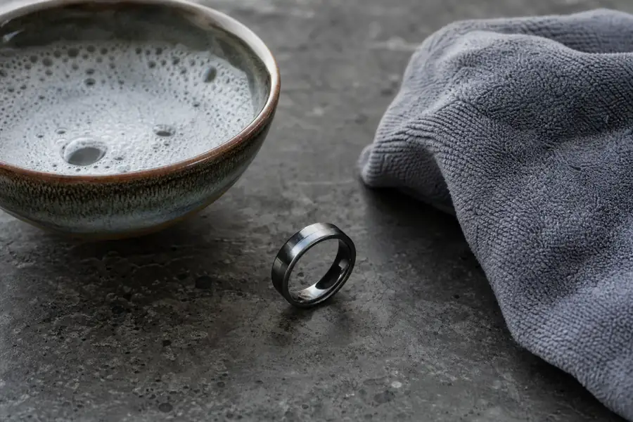 A tungsten band beside a bowl of soapy water and a soft cloth