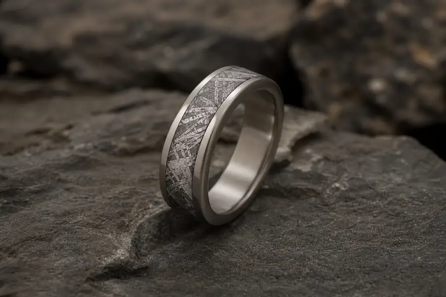 A meteorite inlay band on dark stone under directional light