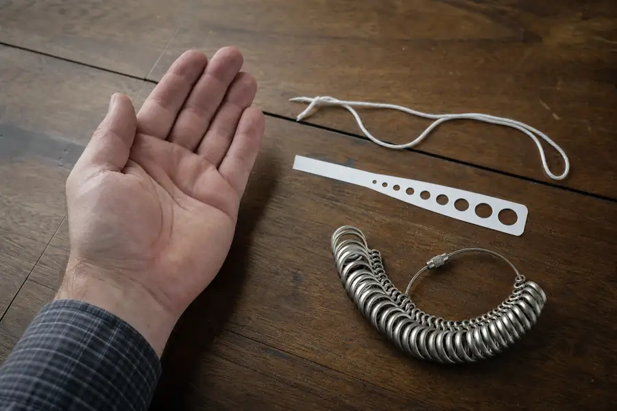 Man's hand comparing three ring sizing tools, a string, paper chart, and metal sizer set, on a wooden table