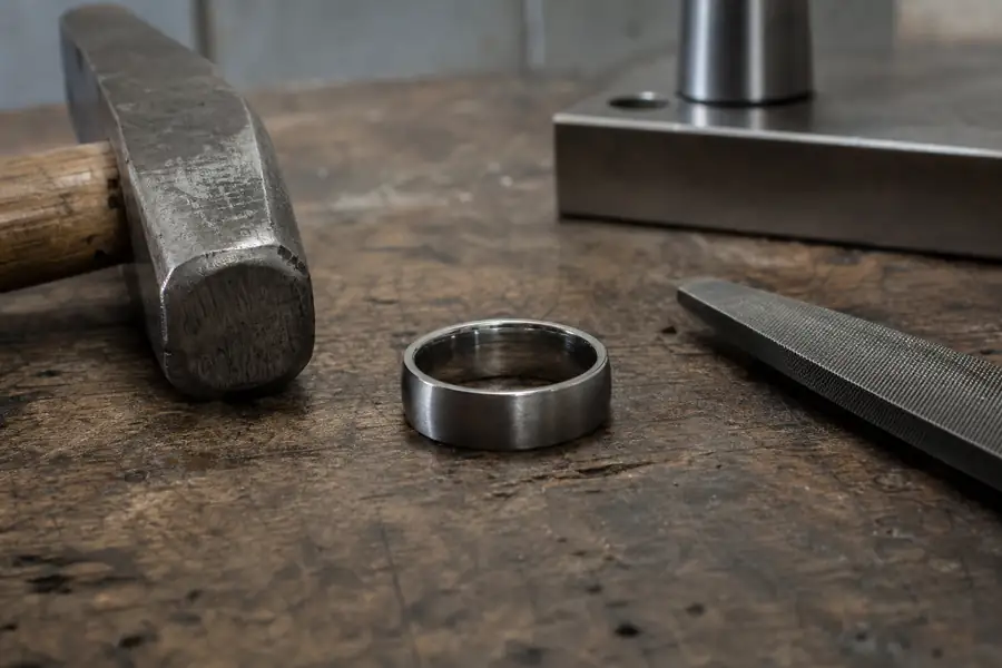 A tungsten band resting on a workbench beside tools