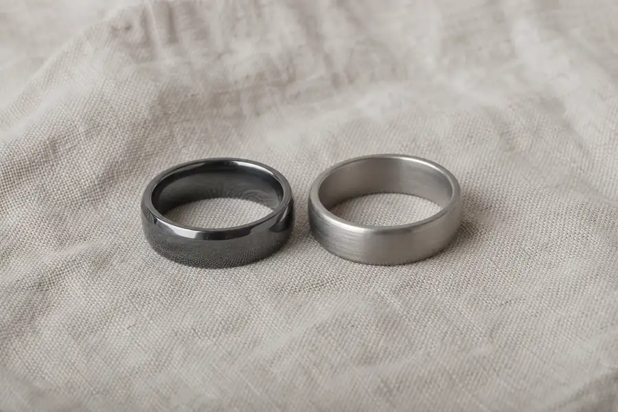 A tungsten band and a lighter titanium-toned band side by side on linen