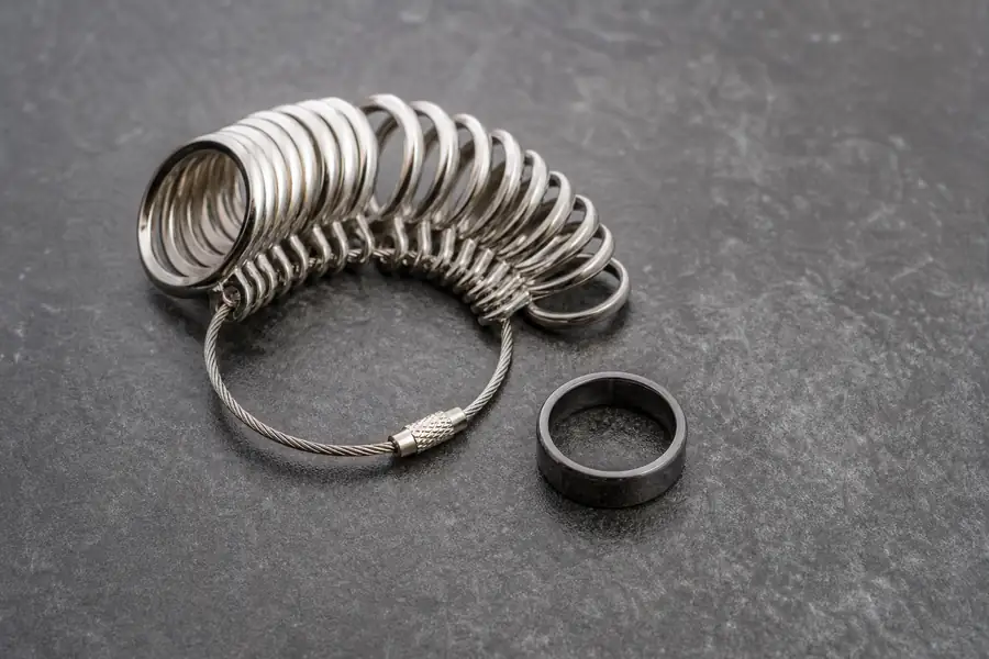 A ring sizer gauge beside a tungsten band